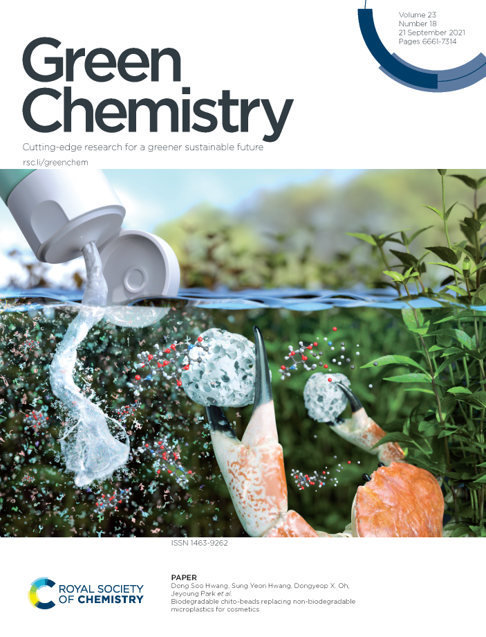 [사진1] 한국화학연구원 박제영, 오동엽, 황성연 박사팀과 포항공대 황동수 교수 공동 연구팀이 발표한 연구결과가 ‘Green Chemistry’ 9월호 표지논문으로 선정되었다.